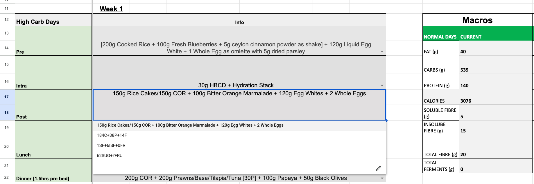 Team SAR nutrition template with meals, macro targets and fibre tracking