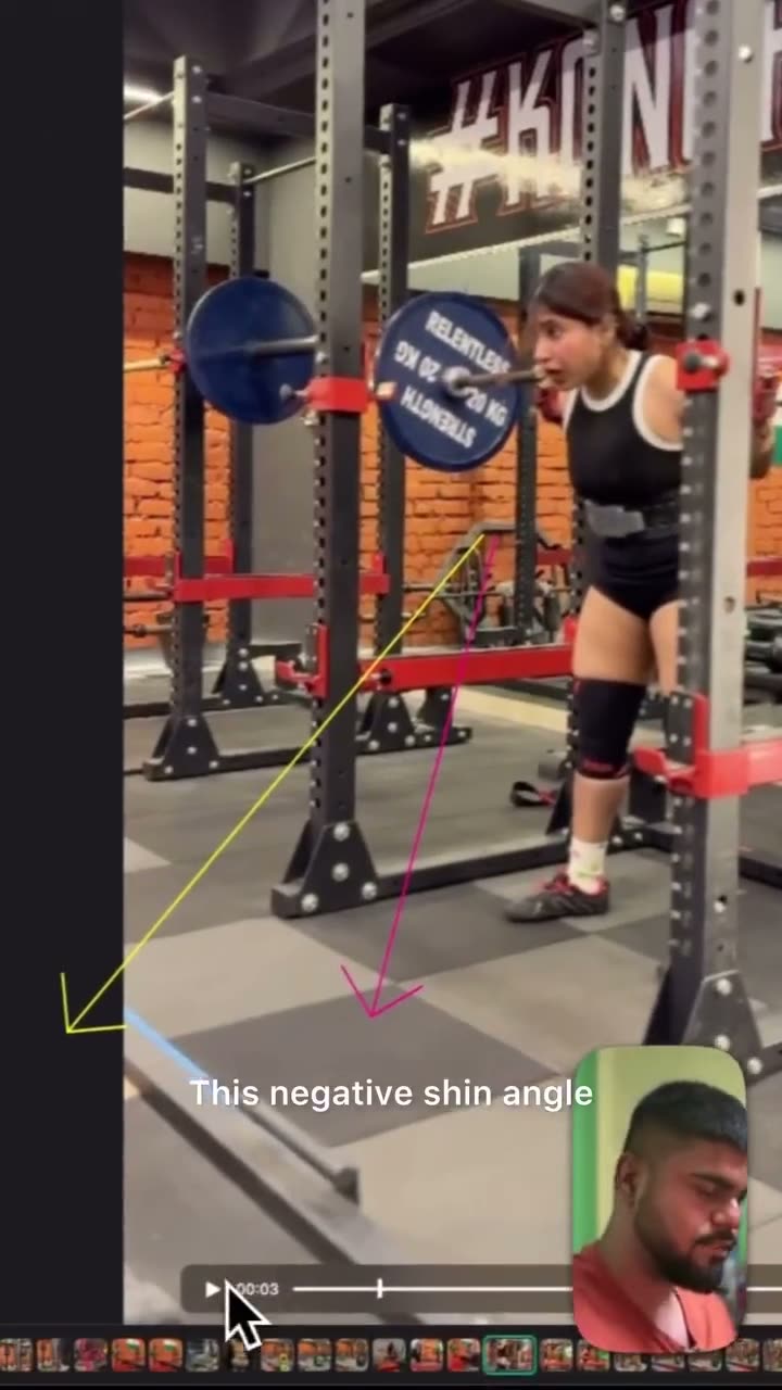 A real coaching check-in: Sar breaks down a client's squat on screen, with subtitles