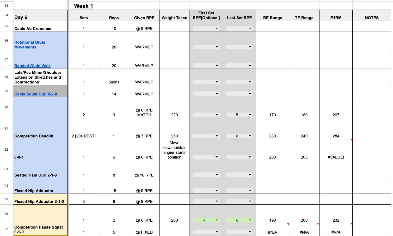 Team SAR training template with sets, reps, RPE targets and estimated 1RM tracking
